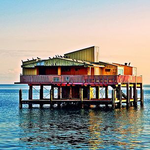 Bird House. Home By The Sea. Stunning Sunset Pastel Shades Backdrop Birds On Stiltsville Home, Key Biscayne, Miami, Florida - IMRAN™ __Worth Reading Too  — 7500+ Views!